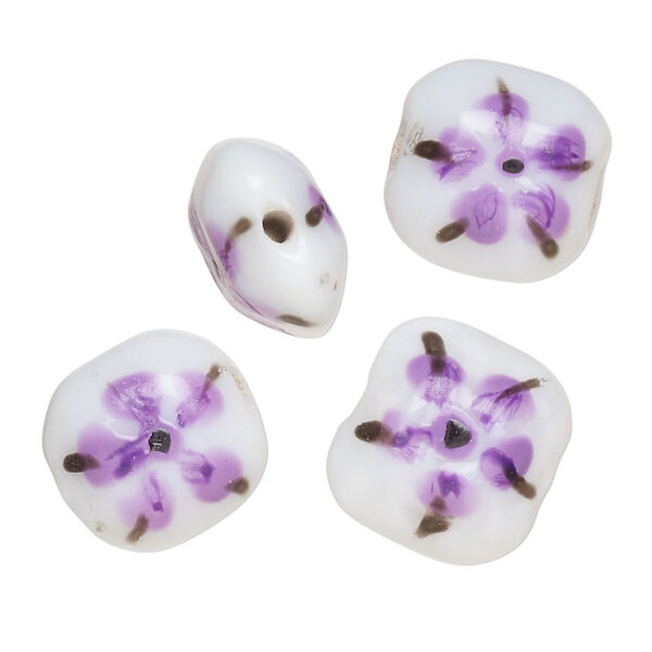 Bead, lampworked glass, opaque white / black / purple, 17-16mm-14x13mm puffed rectangle with double-sided painted flower design. Sold per pkg of 4. image number 0