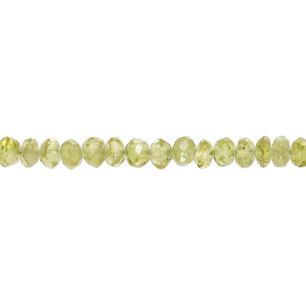 Bead, peridot (natural), 4x2mm-6x4mm hand-cut faceted rondelle, B- grade, Mohs hardness 6-1/2 to 7. Sold per 13-inch strand, approximately 120 beads. image number 0