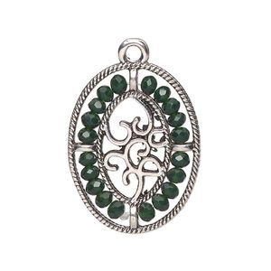 Drop, antique silver-finished "pewter" (zinc-based alloy), emerald green, 28x21.5mm oval with hearts and beaded border. Sold per pkg of 2.