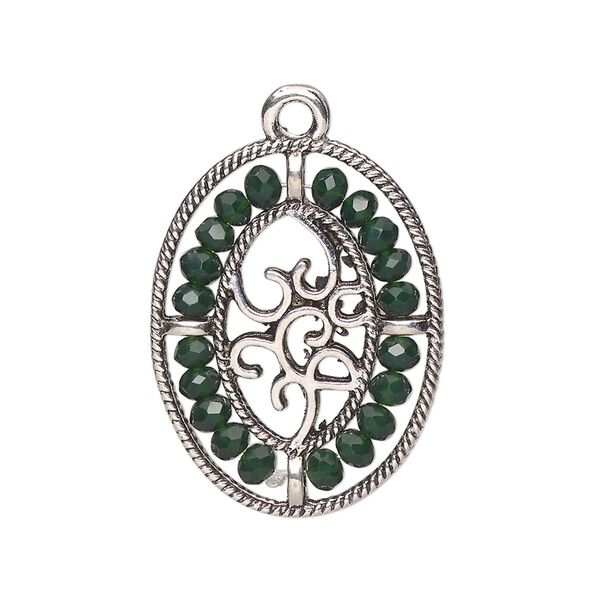 Drop, antique silver-finished "pewter" (zinc-based alloy), emerald green, 28x21.5mm oval with hearts and beaded border. Sold per pkg of 2. image number 0