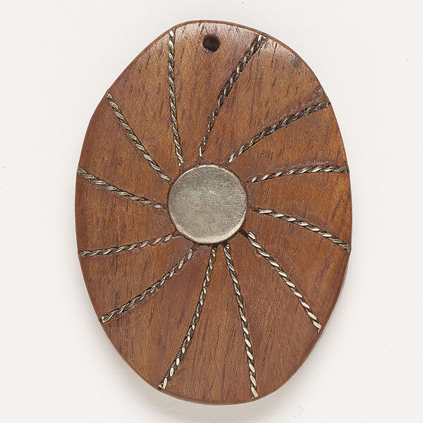 Focal, copper and wood (dyed), pkg/1, 46x33mm-46x35mm top-drilled flat oval with twisted wire inlay and flat back, antique silver finish. image number 0