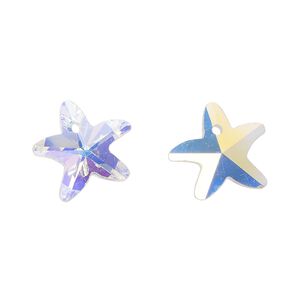 Drop, glass, translucent clear AB, 14mm starfish. Sold per pkg of 10.