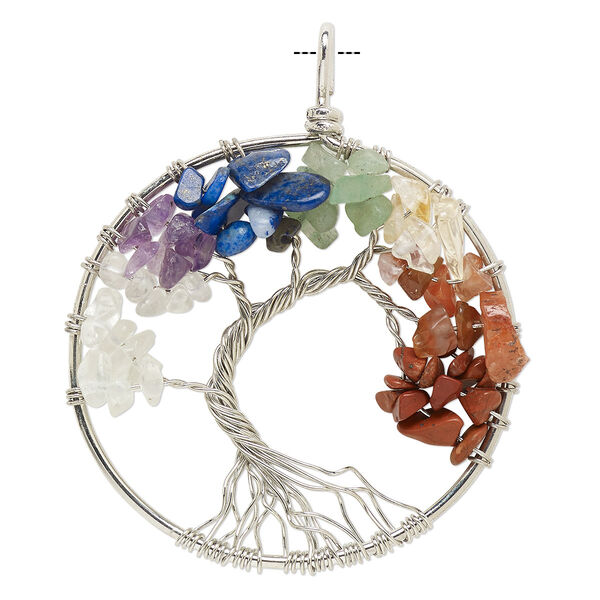 Focal, silver-finished copper and multi-gemstone (natural / heated), mixed colors, 62x51mm single-sided open round with tree of life design. Sold individually. image number 0