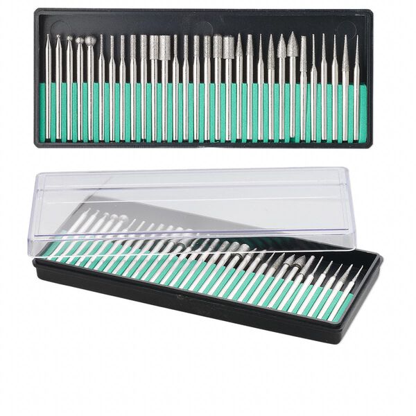 Burr set, plastic and diamond-coated steel, 1-3/4 x 1/8 inch assorted shanks with 1-5mm wide tip in 5-3/4 x 2-1/2 x 3/4 inch case. Sold per 30-piece set. image number 0