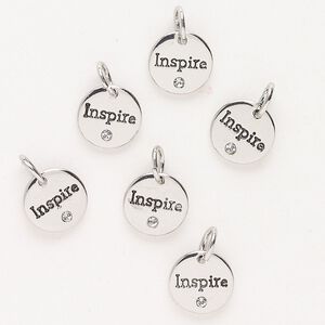 Drop "pewter" zinc-based alloy glass 6pk 10mm affirmation round "Inspire," antique silver finish clear