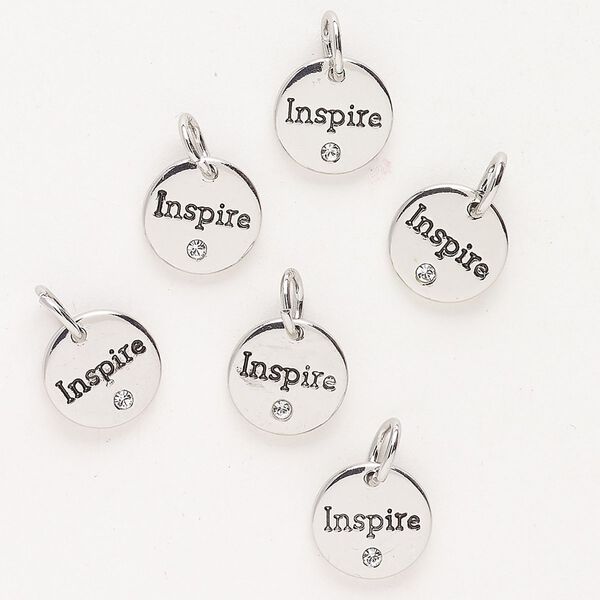 Drop "pewter" zinc-based alloy glass 6pk 10mm affirmation round "Inspire," antique silver finish clear image number 0