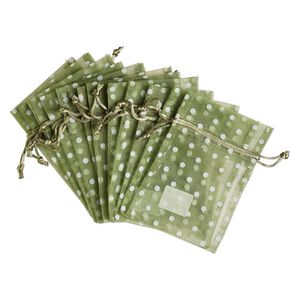 Pouch, flocked organza, moss green and white, 6x4 inches with dots pattern and drawstring closure. Sold per pkg of 12.