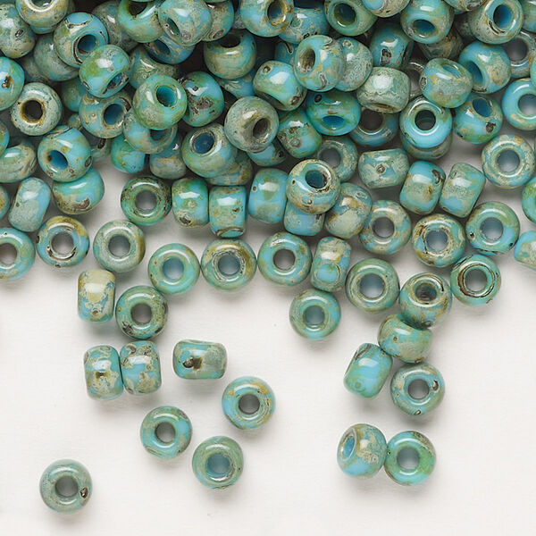 Seed bead, Miyuki, glass, pkg/25g, #6 rocaille, opaque Picasso turquoise blue, (RR-4514). image number 0