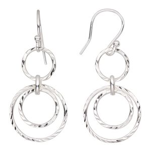 Earring, Create Compliments®, sterling silver, 40mm diamond-cut 3-ring design and fishhook ear wire, 21 gauge. Sold per pair.