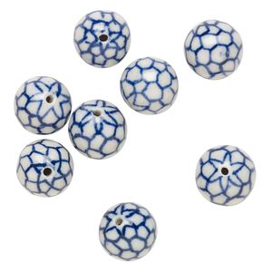 Bead, porcelain, blue and white, 14-15mm round with scale design. Sold per pkg of 8.