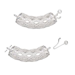 Clasp tab 1pkg1 silver-plated, 29x9mm fancy curved tube / safety latch, brass / cubic zirconia clear 1-strand