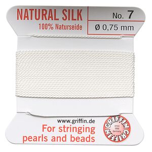 Thread, Griffin, silk, white, size #7. Sold per 2-meter card (approximately 78 inches).