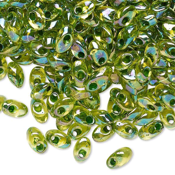 Seed bead, Miyuki, glass, pkg/250g, 7x4mm long magatama, translucent green inside dyed color chartreuse, (LMA-341). image number 0