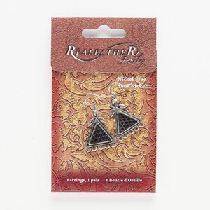 Ear wire fishhook 1pkg2 "pewter" (zinc-based alloy), 1.5-1.75 inch / triangle / leaf design / double-sided / 5 loop, antique silver-finished / faux lizard leather / black 1 pair