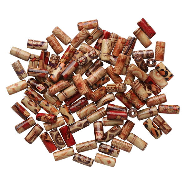 Bead mix, wood (coated), multicolored, 12x5mm hand-cut tube with painted pattern. Sold per pkg of 100. image number 1