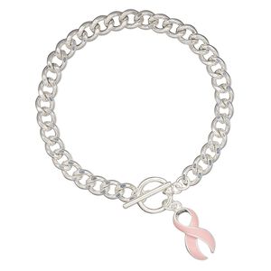 Bracelet, enamel with silver-finished steel and "pewter" (zinc-based alloy), pink, 22x12mm awareness ribbon, 7 inches with toggle clasp. Sold individually.