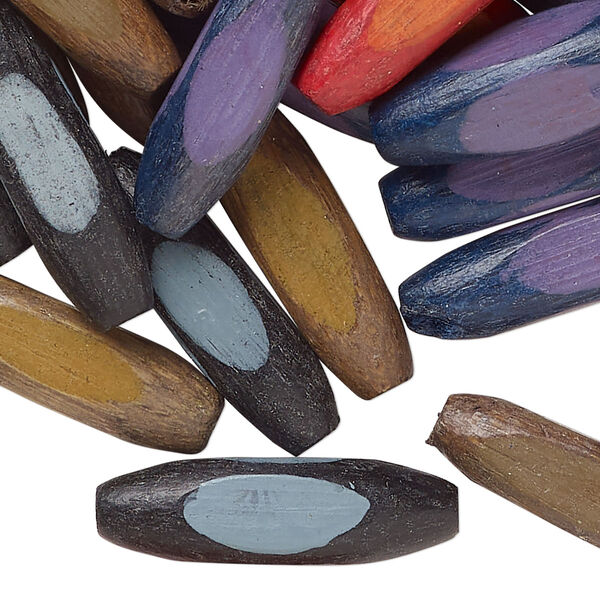 Bead mix, wood (dyed/waxed), mixed colors, 26x7mm 4-sided oval. Sold per 1-ounce pkg, approximately 51 beads. image number 0