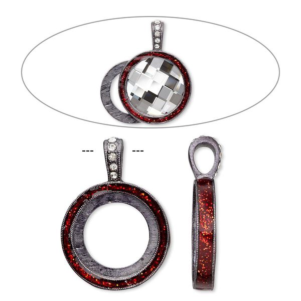 Pendant, Almost Instant Jewelry®, epoxy / crystals / gunmetal-finished "pewter" (zinc-based alloy), light Siam red and crystal clear with glitter, 33x24mm single-sided with 20mm round setting. Sold individually. image number 0