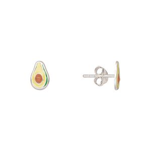 Earstud, Create Compliments®, sterling silver and enamel, green / yellow / brown, 8.5x5.5mm avocado. Sold per pair.