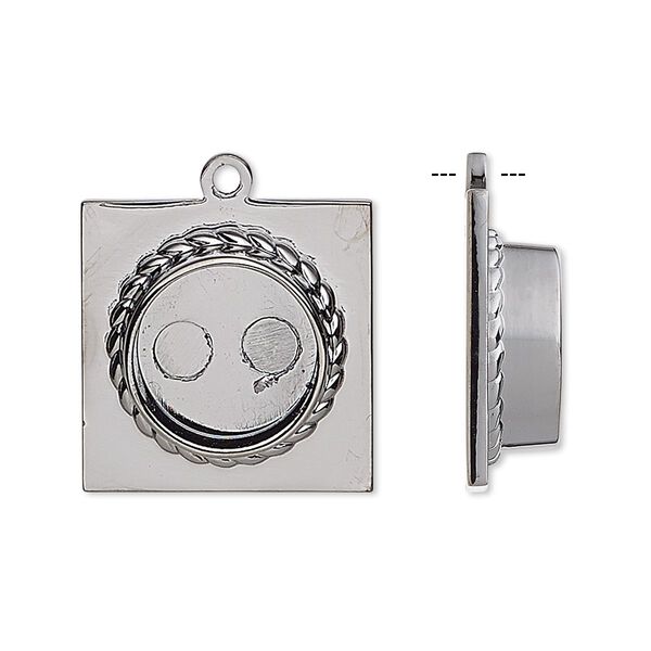 Drop, gunmetal-plated "pewter" (zinc-based alloy), 20x20mm square with 12mm non-calibrated round setting. Sold per pkg of 2. image number 0