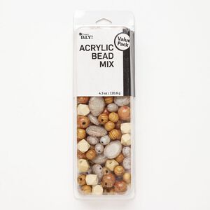 Bead mix 1pkg1 acrylic / wood 12mm-25x20mm mixed shapes tan / brown / grey 4 ounces natural
