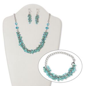 Necklace, bracelet and earring set, magnesite (dyed / stabilized) / glass / silver-plated steel / brass, blue and light blue, 20 inches with 3-inch extender chain and lobster claw clasp, 7-1/2 inch bracelet, 2-1/2 inch earrings with fishhook ear wire. Sold per set.