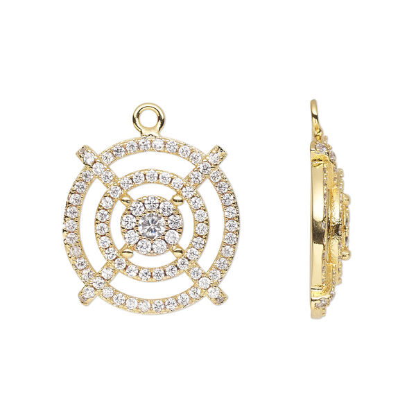 Drop, cubic zirconia and gold-finished brass, clear, 22mm single-sided round. Sold individually. image number 0