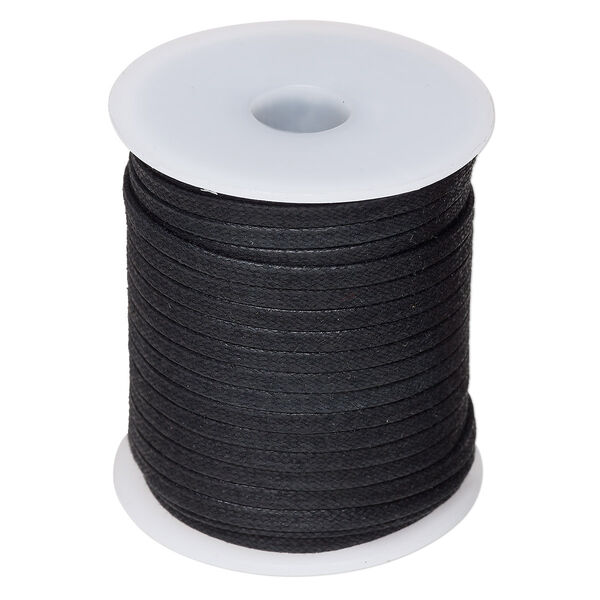 Cord, waxed cotton, black, 3mm flat. Sold per 25-meter spool. image number 0