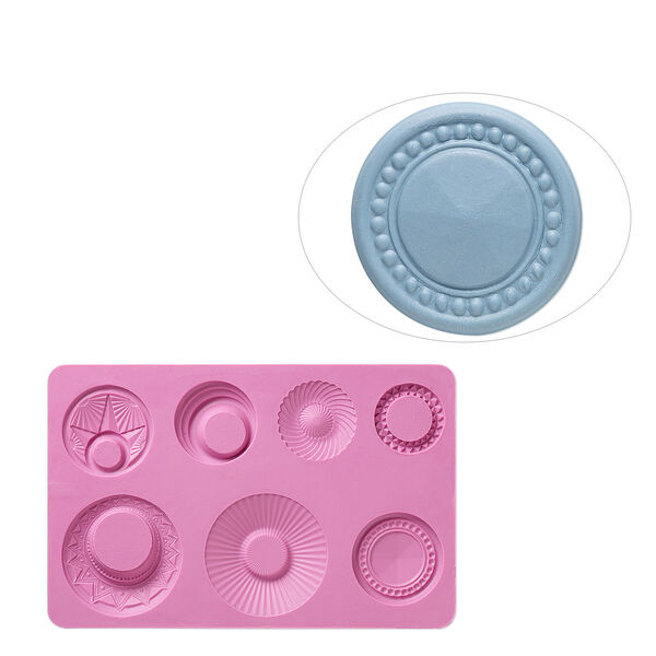 Mold, silicone, fuchsia, 6-1/2 x 4-1/4 x 3/8 inches with 28-49mm assorted round. Sold individually. image number 0