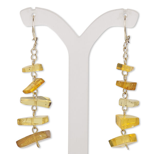 Earring, amber (natural) and 14Kt gold-filled, 53mm with square chip and rectangular chip with curved kidney ear wire. Sold per pair. image number 0