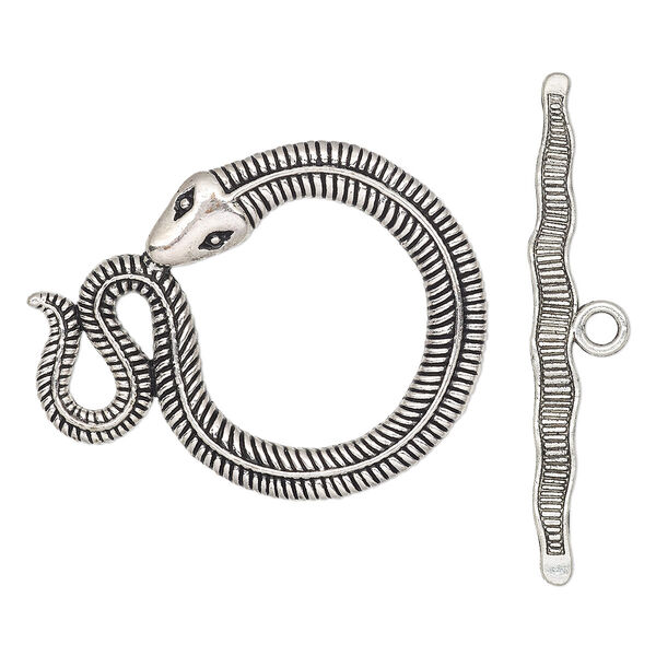 Clasp, toggle, antique silver-finished "pewter" (zinc-based alloy), 45.5x36mm snake. Sold individually. image number 0