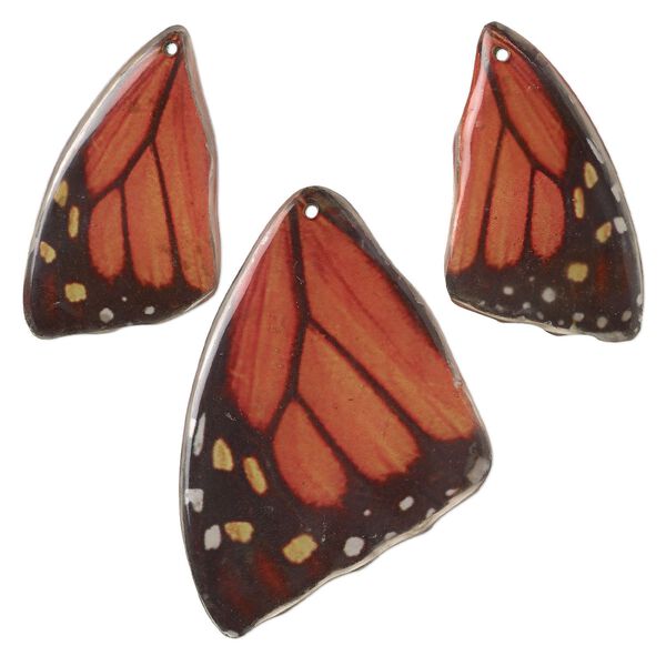 Focal, laminated wood and paper, orange / black / multicolored, (2) 40x24mm and (1) 54x38mm double-sided butterfly wing. Sold per 3-piece set. image number 0