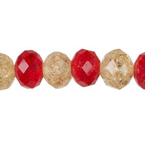 Bead, crackle glass, translucent red and yellow, 12x9mm faceted rondelle. Sold per pkg of 20.