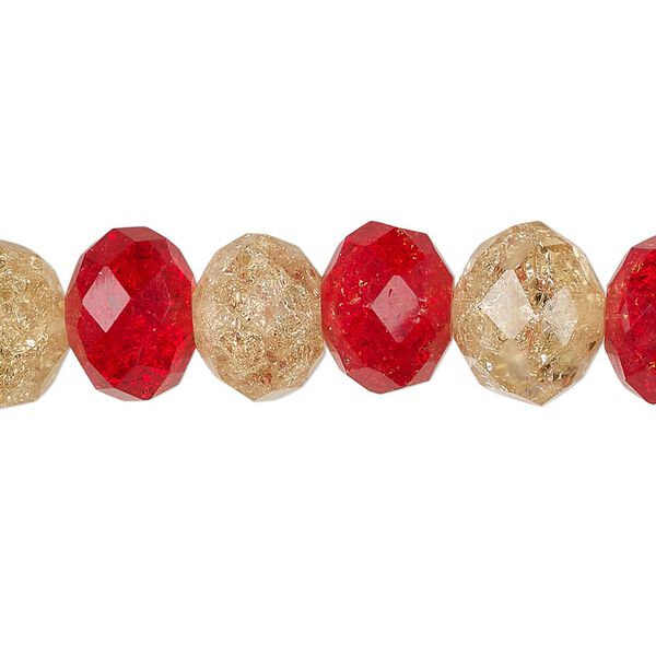 Bead, crackle glass, translucent red and yellow, 12x9mm faceted rondelle. Sold per pkg of 20. image number 0