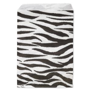 Bag, paper, white and black, 7x5 inches with zebra print and scalloped top edge. Sold per pkg of 100.