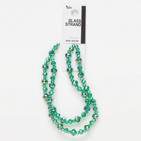Bead, glass, translucent green AB, 8x6mm / 6x4mm / 4x3mm rondelle. Sold per 16-inch strand. image number 0