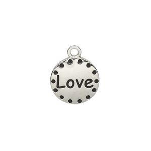 Drop, enamel and imitation rhodium-plated "pewter" (zinc-based alloy), black, 14.5mm single-sided round with "Love." Sold individually.