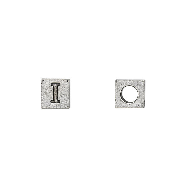 Bead, antiqued pewter (tin-based alloy), 7mm cube with Greek letter, IOTA. Sold per pkg of 4. image number 0