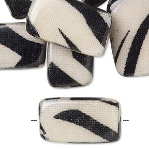 Bead, wood / cotton / acrylic, black and cream, 24x14mm double-sided flat rectangle with zebra stripe pattern. Sold per pkg of 8.