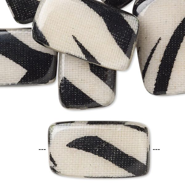 Bead, wood / cotton / acrylic, black and cream, 24x14mm double-sided flat rectangle with zebra stripe pattern. Sold per pkg of 8. image number 0