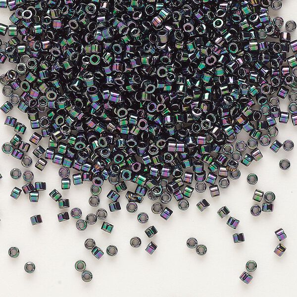 Seed bead, Delica®, glass, pkg/7.5g, #11 round, opaque metallic gold iris plum emerald (DB-1001). image number 0