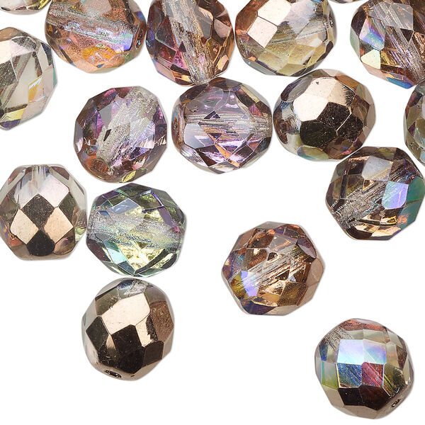 Bead, Czech fire-polished glass, two-tone clear AB and metallic Capri gold, 10mm faceted round. Sold per 15-1/2" to 16" strand. image number 0