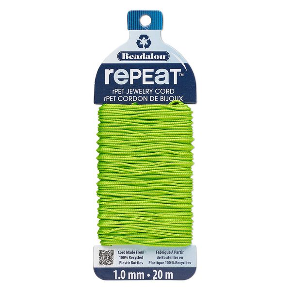 Cord, Beadalon® RePEaT™, recycled polyethylene, lime green, 1mm, 100-pound test. Sold per 20-meter card. image number 0