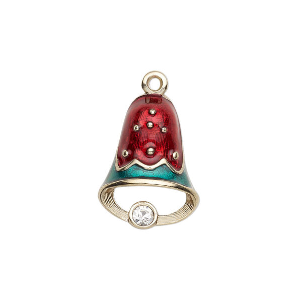 Charm, enamel / crystals / gold-finished "pewter" (zinc-based alloy), red / green / crystal clear, 20x15mm left- and right-facing single-sided bell. Sold per pkg of 2. image number 0