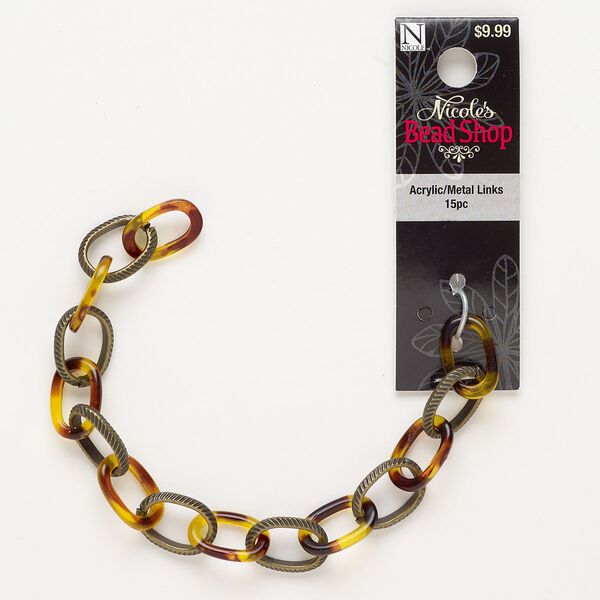Chain  steel / acrylic 1pkg1 12.1mm oval,  antique brass finish / brown / yellow 7 inches image number 0