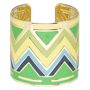 Bracelet, cuff, enamel and gold-finished steel, yellow / green / multicolored, 60mm wide with zigzag design, adjustable from 6-1/2 to 7 inches. Sold individually.