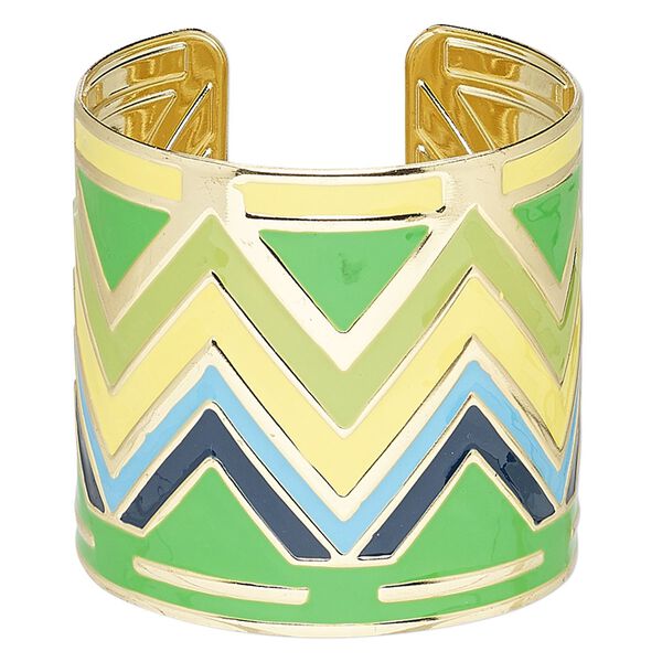 Bracelet, cuff, enamel and gold-finished steel, yellow / green / multicolored, 60mm wide with zigzag design, adjustable from 6-1/2 to 7 inches. Sold individually. image number 0