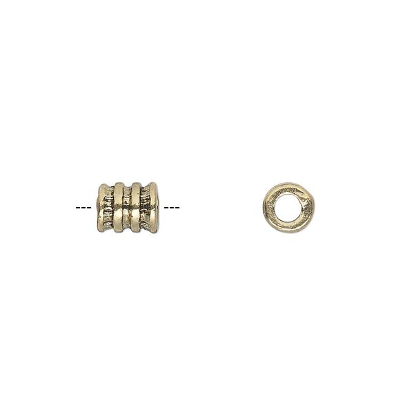 Bead, antique gold-finished "pewter" (zinc-based alloy), 6x5mm ribbed round tube. Sold per pkg of 20. image number 0