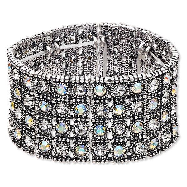 Bracelet, stretch, glass rhinestone and antique silver-finished "pewter" (zinc-based alloy), clear and clear AB, 37.5mm wide with 4-row design, 6 inches. Sold individually. image number 0