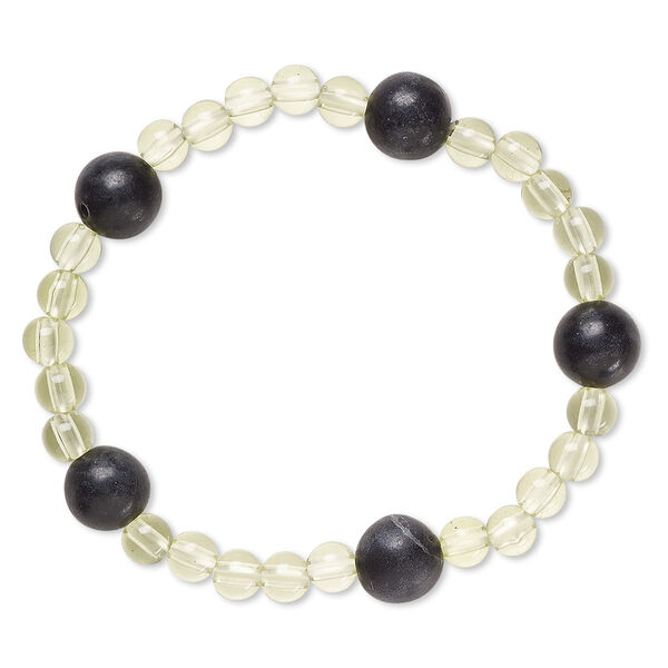 Bracelet, stretch, blackstone (dyed) and acrylic, light yellow-green, 5mm and 9-10mm round, 6 inches. Sold individually. image number 0